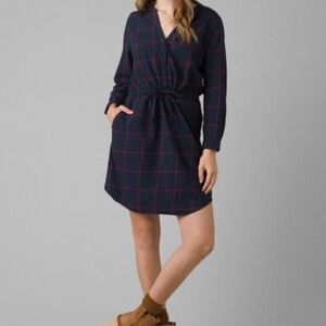 Prana Loop to Pines Organic Cotton Flannel Dress Blue Womens Sz L Relaxed Plaid